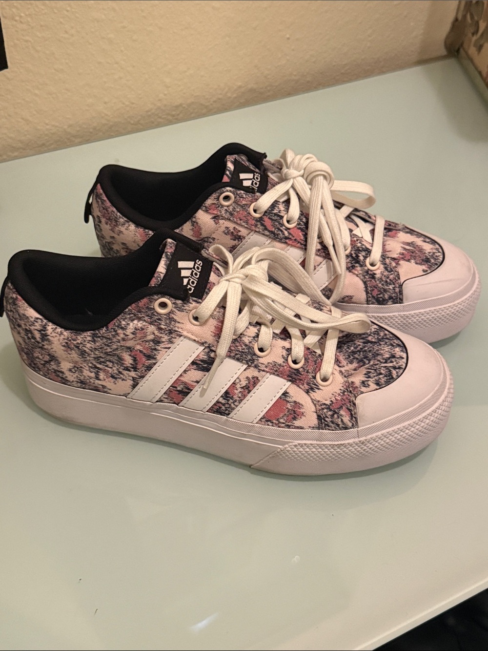 adidas Floral Print Platform Lace-Up Sneakers in White, Pink, Black